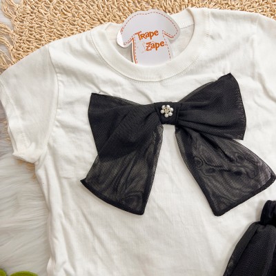 Conj. Blusa com Laço eSaia em Tule Preto - Off White